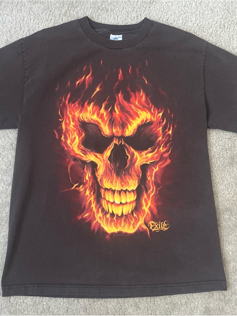 Vintage Y2K Skull Flames Exile Brown Large T-Shirt